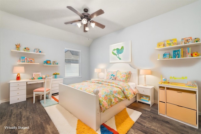 bedroom featuring dark wood-style floors, ceiling fan, baseboards, and lofted ceiling