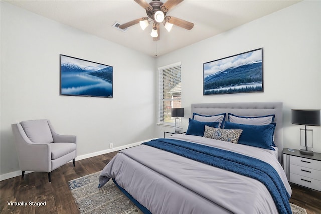 bedroom with visible vents, ceiling fan, baseboards, and wood finished floors