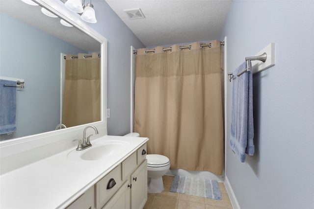 full bath with visible vents, vanity, a shower with curtain, tile patterned floors, and a textured ceiling