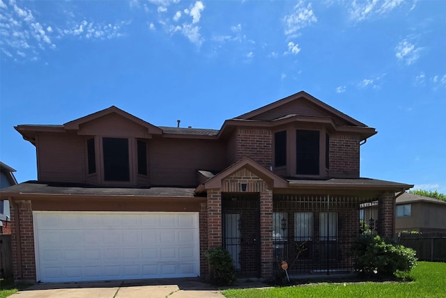 traditional-style home with fence, a garage, brick siding, and concrete driveway
