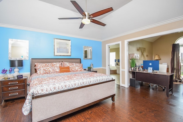 bedroom with crown molding, wood finished floors, and ceiling fan