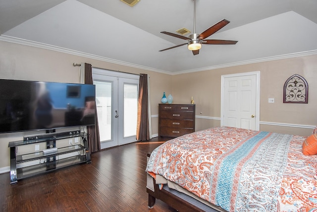 bedroom with ceiling fan, ornamental molding, access to exterior, dark wood-type flooring, and french doors