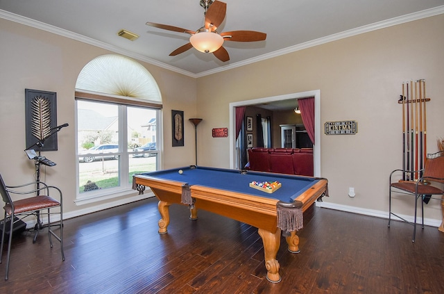 playroom featuring visible vents, ornamental molding, billiards, and wood finished floors