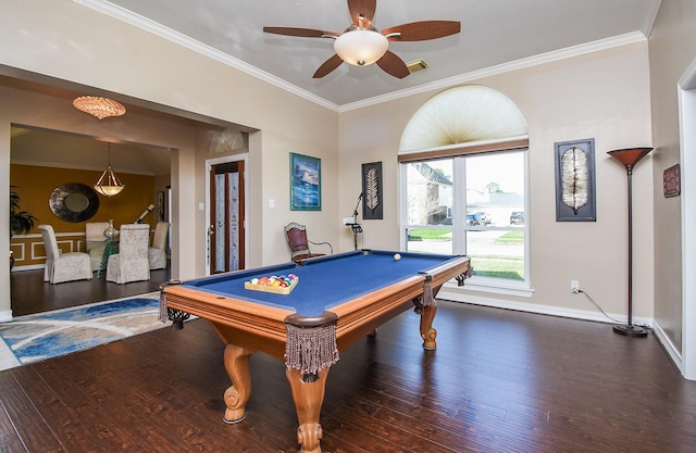 game room featuring pool table, crown molding, wood finished floors, and ceiling fan