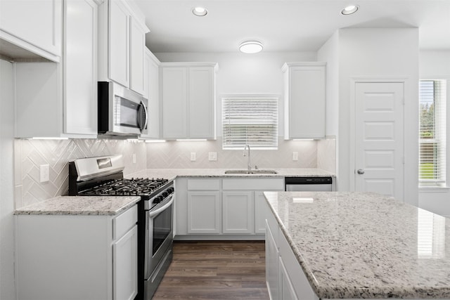 kitchen with white cabinets, stainless steel appliances, dark wood-type flooring, and a sink