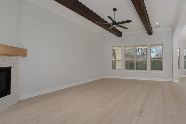 unfurnished living room with beam ceiling, a ceiling fan, baseboards, and light wood finished floors