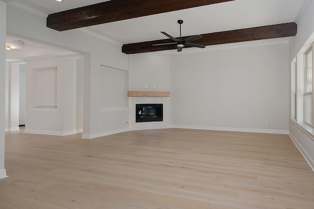 unfurnished living room with beam ceiling, baseboards, light wood-style floors, and ceiling fan