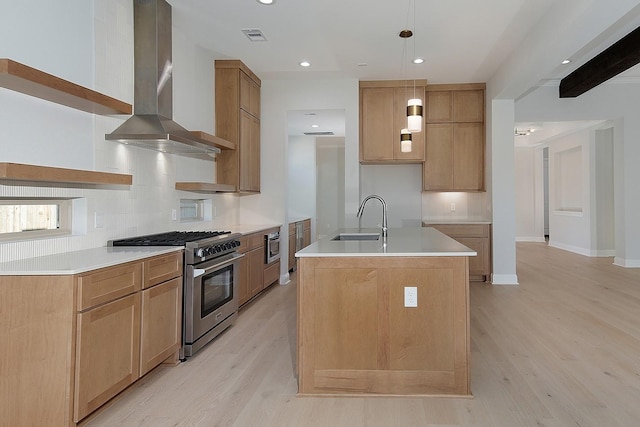 kitchen with a sink, appliances with stainless steel finishes, wall chimney exhaust hood, light wood finished floors, and decorative backsplash