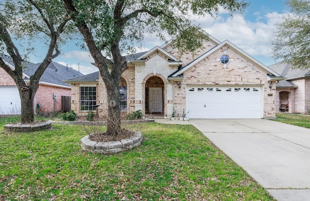 view of front of house with brick siding, driveway, an attached garage, and a front yard