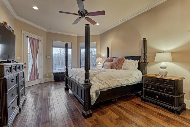 bedroom featuring dark wood finished floors, crown molding, recessed lighting, and access to exterior