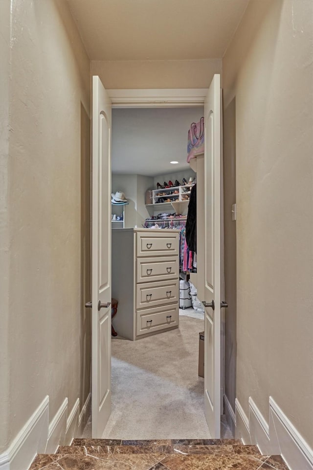 spacious closet featuring light carpet