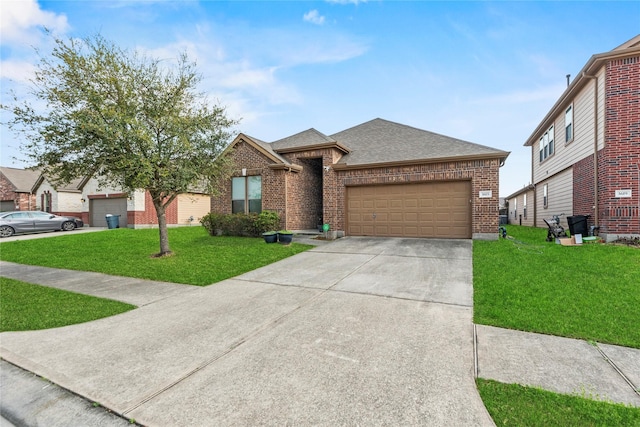 ranch-style house with a shingled roof, a front lawn, concrete driveway, a garage, and brick siding