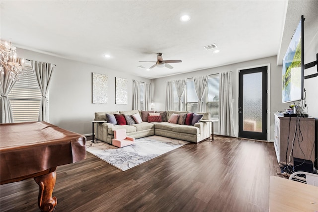 3615 Hawley Creek Dr, Spring, TX 77386 - living area featuring wood finished floors, a ceiling fan, pool table, recessed lighting, and baseboards