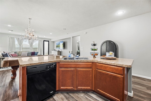3615 Hawley Creek Dr, Spring, TX 77386 - kitchen with black dishwasher, a sink, open floor plan, light countertops, and dark wood-style floors