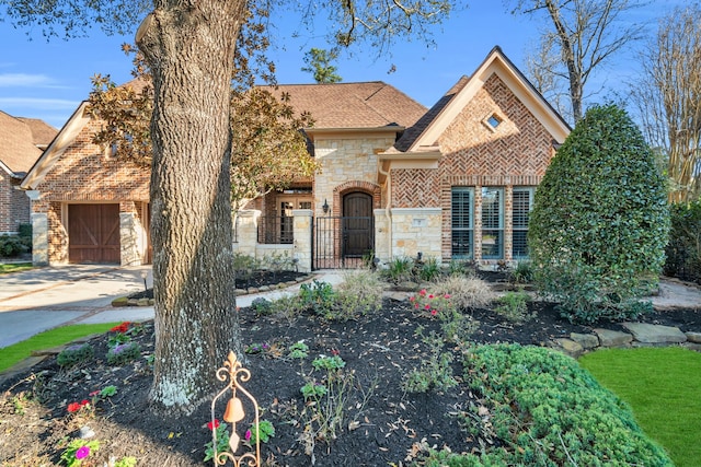 french country home featuring driveway, a gate, stone siding, roof with shingles, and an attached garage