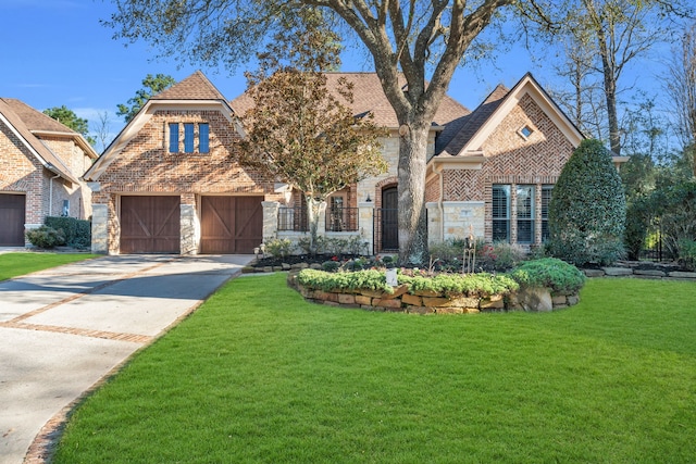 view of front of property featuring brick siding, concrete driveway, a front yard, roof with shingles, and stone siding