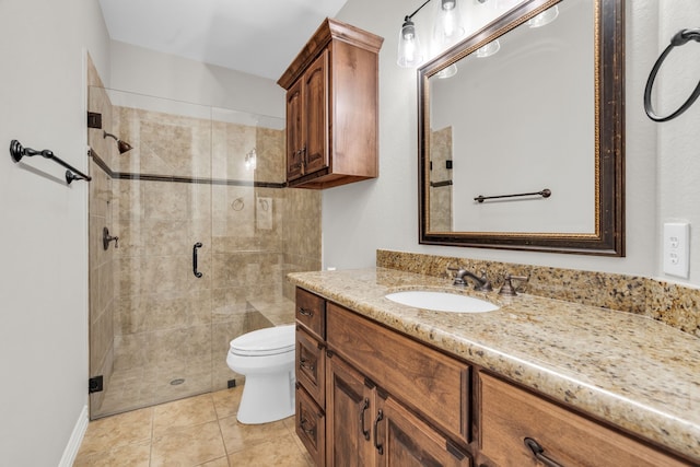 bathroom with tile patterned floors, a shower stall, vanity, and toilet