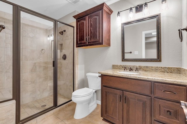 full bath featuring tile patterned floors, vanity, toilet, and a shower stall