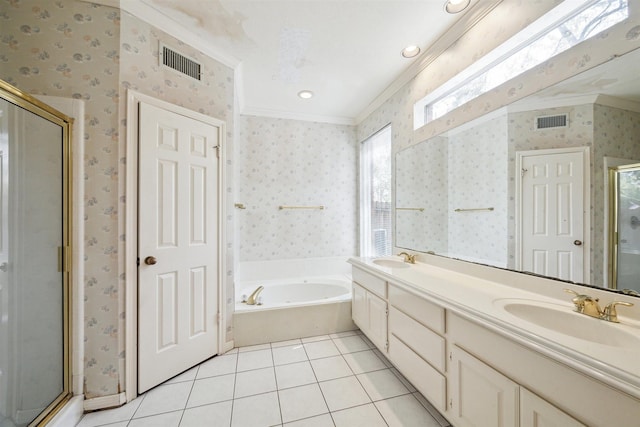 full bathroom with visible vents, wallpapered walls, and a sink