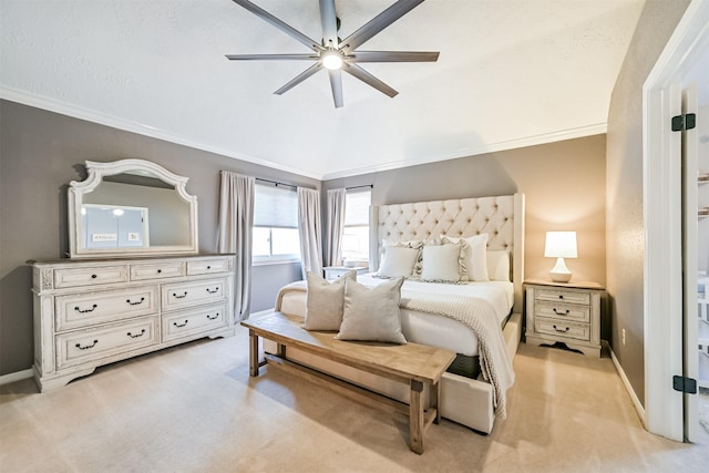 bedroom with vaulted ceiling, ornamental molding, baseboards, and light carpet