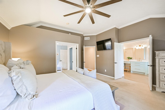 bedroom featuring light carpet, baseboards, visible vents, and ornamental molding