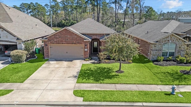 view of front facade featuring driveway, roof with shingles, a front lawn, a garage, and brick siding