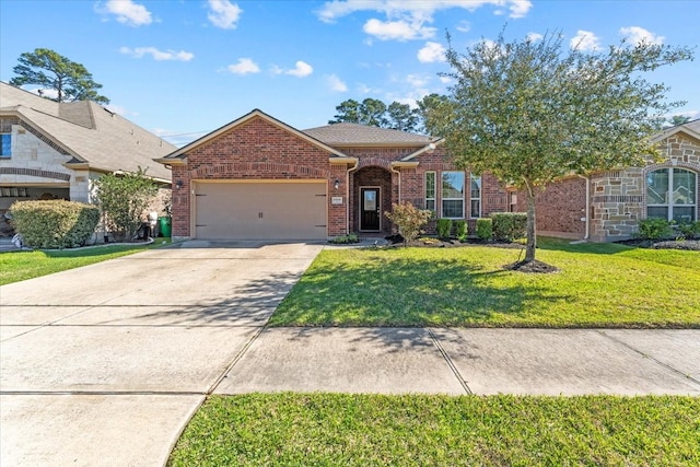 ranch-style house featuring brick siding, an attached garage, concrete driveway, and a front lawn