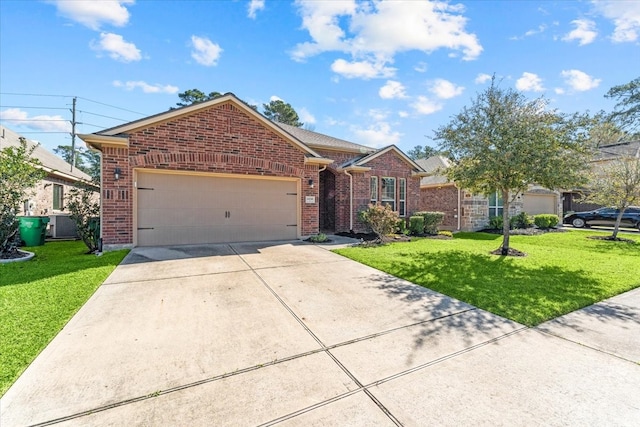 ranch-style house with brick siding, driveway, an attached garage, and a front yard