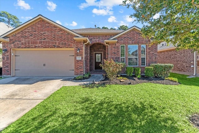 single story home featuring brick siding, a garage, driveway, and a front lawn