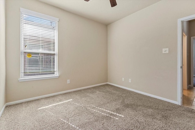 empty room featuring carpet flooring, baseboards, and a ceiling fan