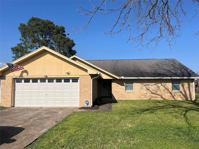 ranch-style home with brick siding, a front lawn, an attached garage, and driveway