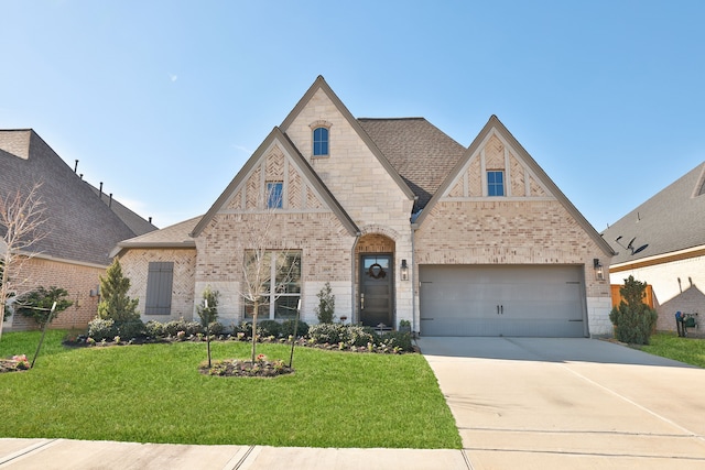 french country inspired facade with a front lawn, roof with shingles, concrete driveway, a garage, and brick siding