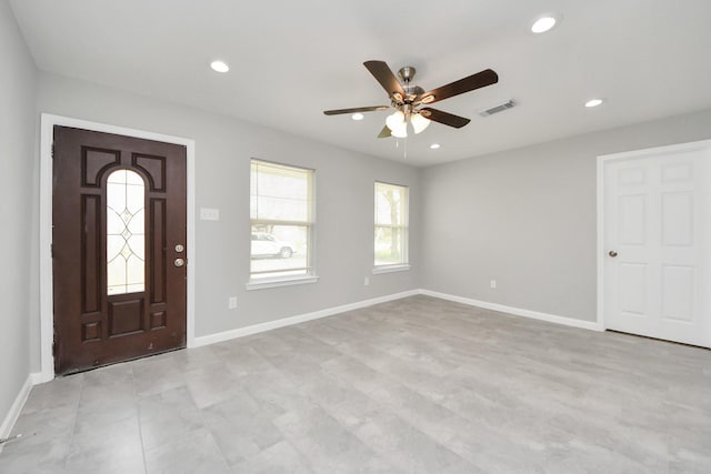 entryway with visible vents, recessed lighting, baseboards, and ceiling fan