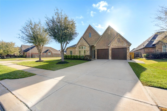 view of front facade featuring a front lawn, a garage, stone siding, and driveway