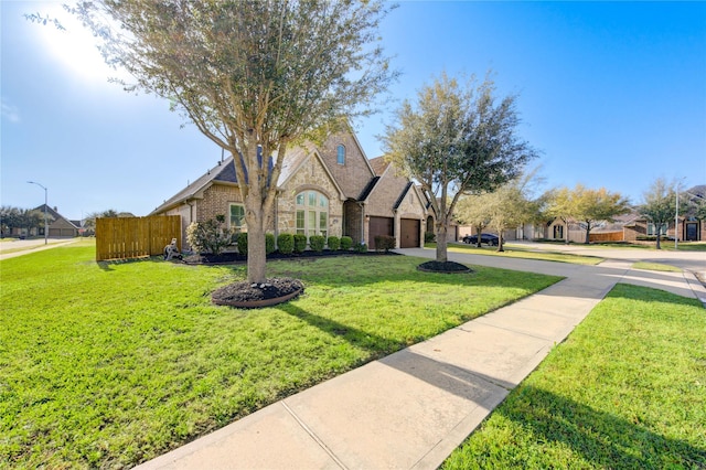 view of front of property featuring a garage, brick siding, concrete driveway, and a front lawn