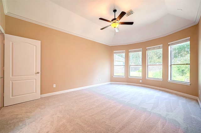 unfurnished room with a tray ceiling, plenty of natural light, light colored carpet, and visible vents