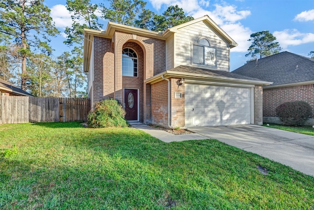 traditional home featuring brick siding, a front lawn, fence, driveway, and an attached garage