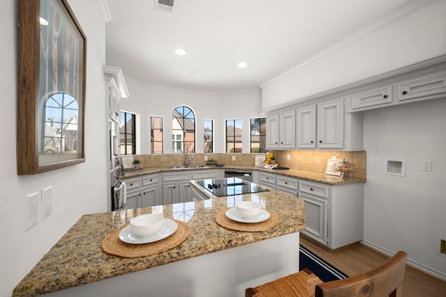 kitchen featuring a peninsula, a wealth of natural light, backsplash, and a sink