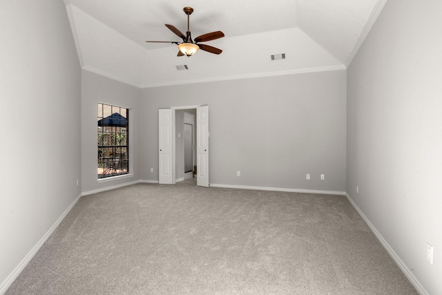 empty room featuring visible vents, baseboards, light colored carpet, and a ceiling fan