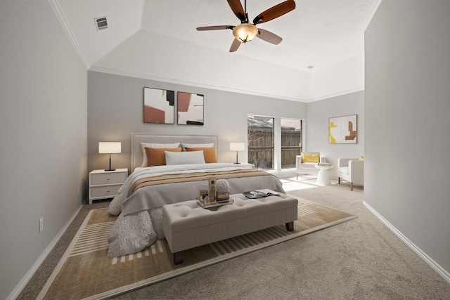 bedroom with visible vents, baseboards, carpet, and crown molding