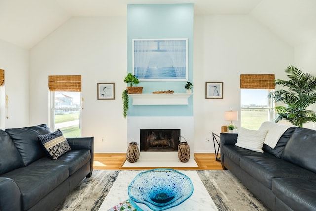 4010 Kiva Rd, Galveston, TX 77554 - living room featuring wood finished floors, a fireplace, baseboards, and high vaulted ceiling