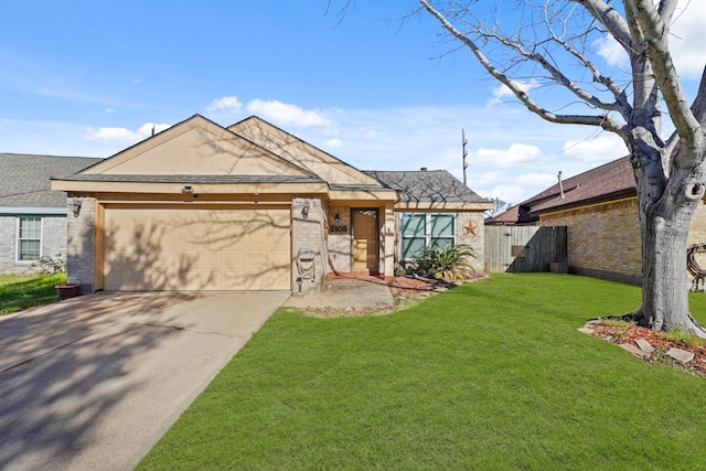 view of front of home featuring fence, driveway, a front lawn, a garage, and brick siding