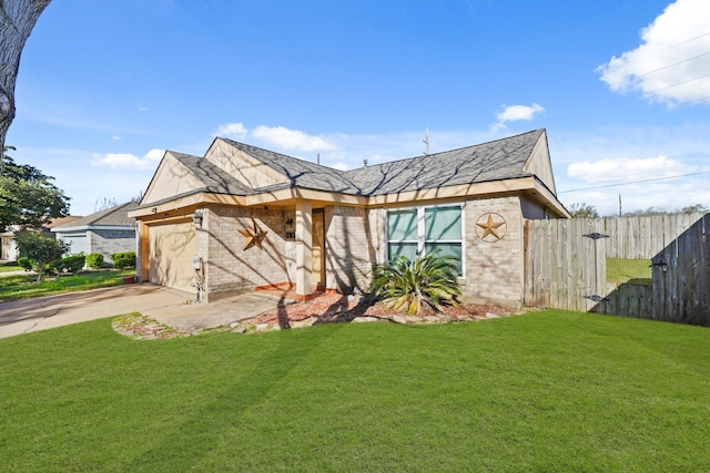 view of front of house featuring brick siding, a front lawn, concrete driveway, and a garage