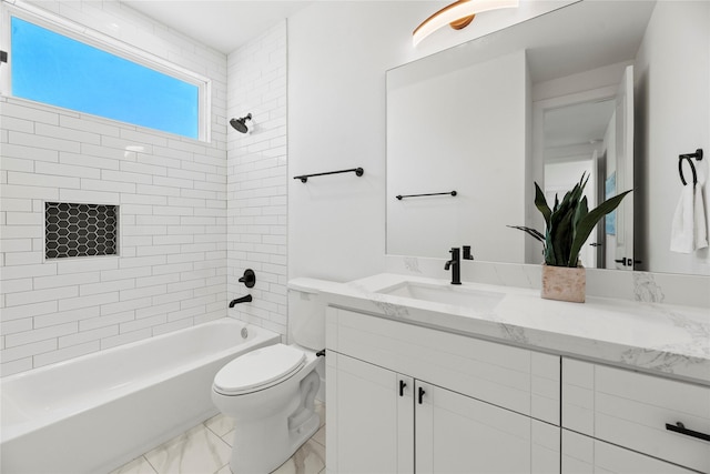 full bathroom featuring shower / bath combination, toilet, marble finish floor, and vanity