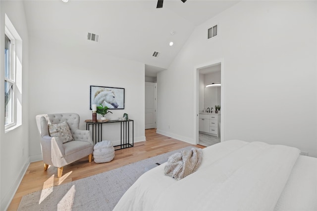 bedroom with visible vents, baseboards, and light wood-style flooring