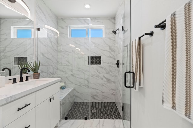 full bath with recessed lighting, a shower stall, and vanity