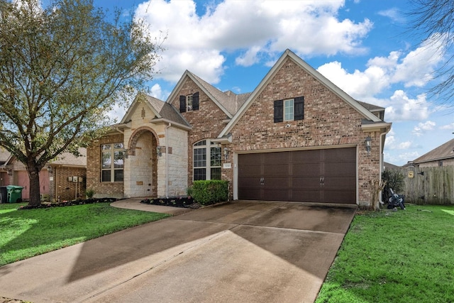 traditional-style house featuring brick siding, driveway, and a front lawn