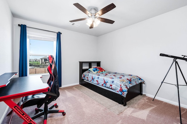 bedroom featuring a ceiling fan, carpet flooring, baseboards, and visible vents