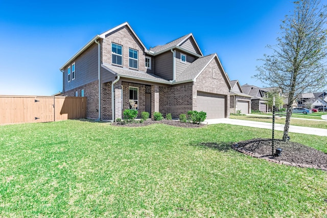 view of front of home with brick siding, a front lawn, fence, concrete driveway, and an attached garage