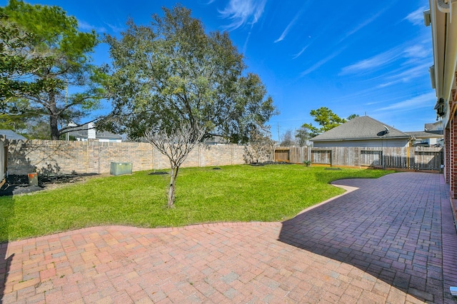 view of yard with a patio area and a fenced backyard